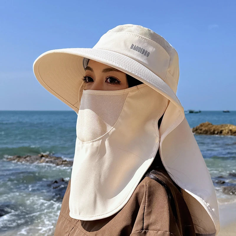 8458 Spring summer Cross border large cape sun block hat fashion face mask fisherman hat with ponytail hole visor hat children