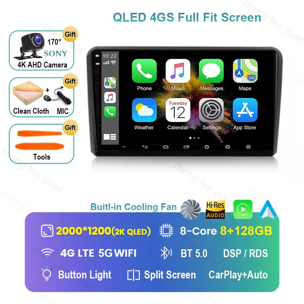 For Audi A3 8P 2003 2004 - 2013 Android 16 GPS WIFI 4G Carplay&Auto Car Radio Navigation QLED Multimedia Stereo Player BT