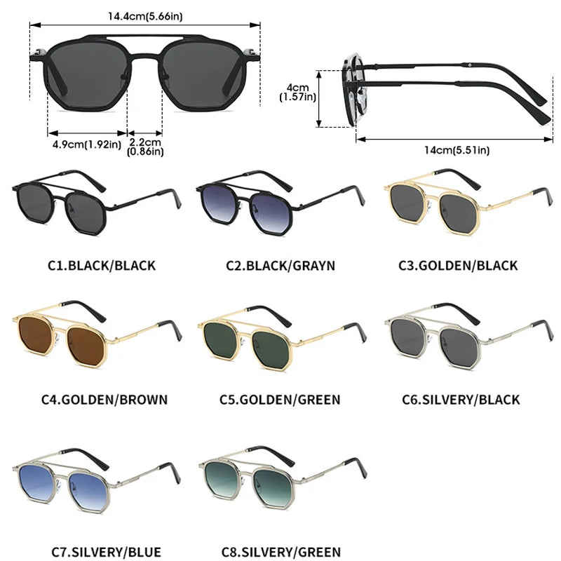 JNPCXI New Retro Double Bridges Men Polygon Small Square Sunglasses Fashion Clear Ocean Gradient Lens Eyewear Women Metal Frame