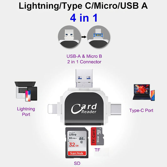 4 In 1 SD Reader Card, TF Card 128GB, Plug and Play for IPhone Samsung XiaoMi