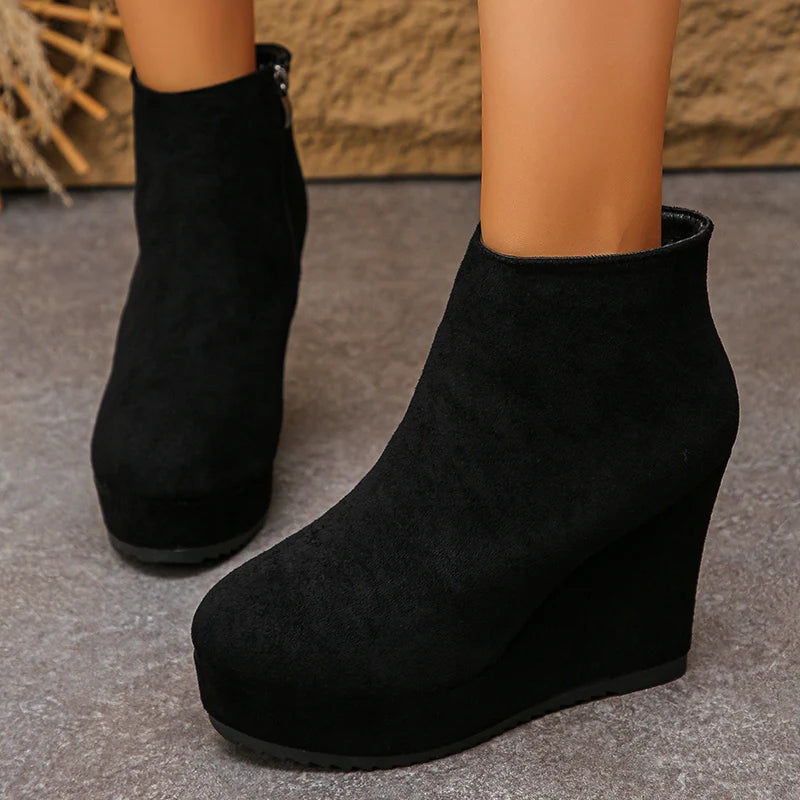 Black Wedge High Heel Ankle Boots Women Faux Suede Chunky Platform Boots Woman 2025 Plus Size 35-42 Zipper Short Booties Mujer