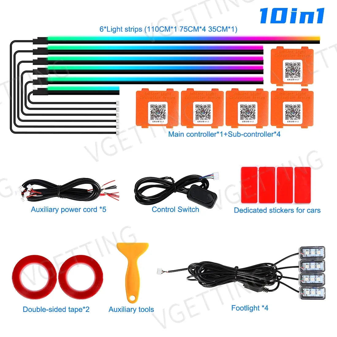 Vgetting 18 in 1 Car Ambient Lights Dual Zone Symphony RGB LED Interior Acrylic Strips Atmosphere Light Button APP Control 12V
