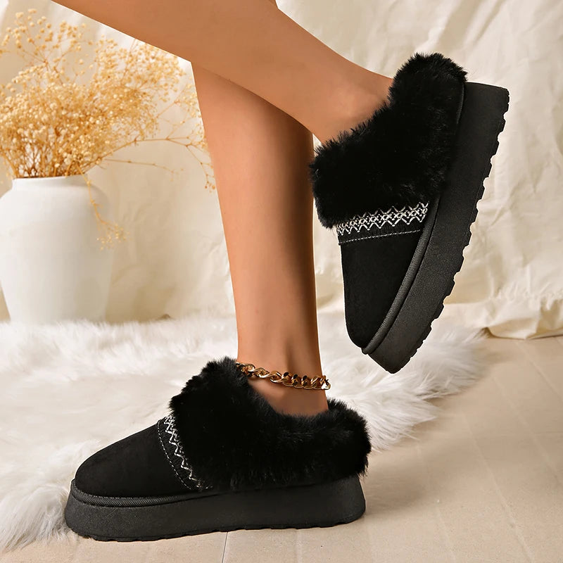 Fluffy Fur Platform Snow Boots Women Plus Size 42 Non Slip Fleece Inside Warm Winter Boots Woman Thick Sole Long Plush Slippers