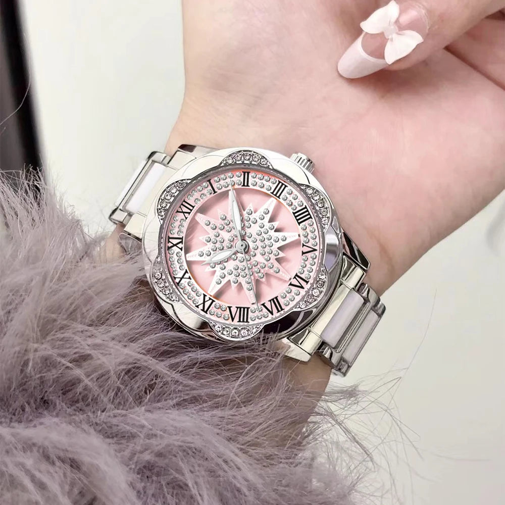 Ladies Watch Luxury Rotate Diamond Dial Wristwatch Waterproof Fashionable Elegant High End Temperament Round Woman Watches