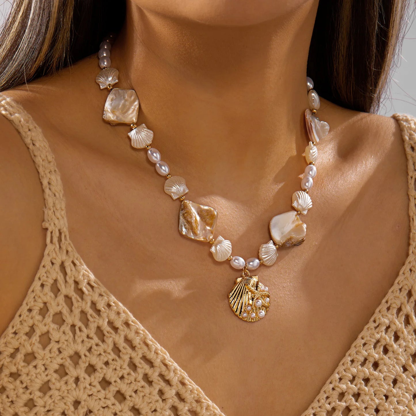 Bohemian Ocean Shell Faux Pearl Pendant Necklace Summer Beach Vacation Choker Fashion Jewelry