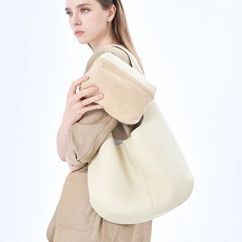 Genuine Cowhide Leather Slouchy Hobo Shoulder Bag for Women Pebbled Leather Large Capacity Everyday Tote Bag Daily Underarm Bags