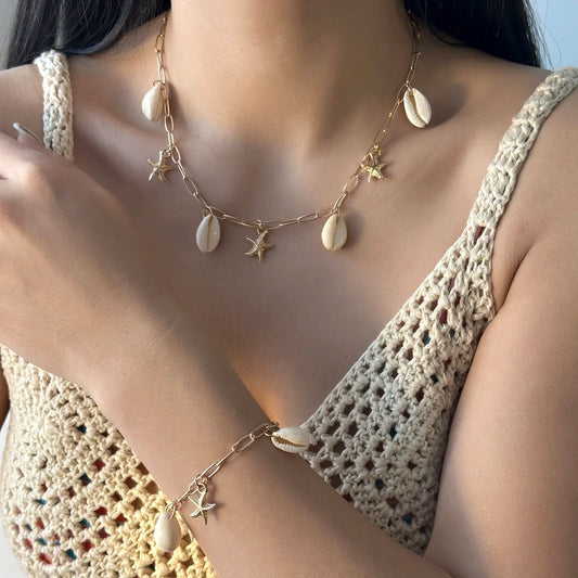 2Pcs Bohemian Shell Starfish Pendant Necklace For Women Conch Seashell Gold Color Metal Chain Choker Summer Beach Party Jewelry