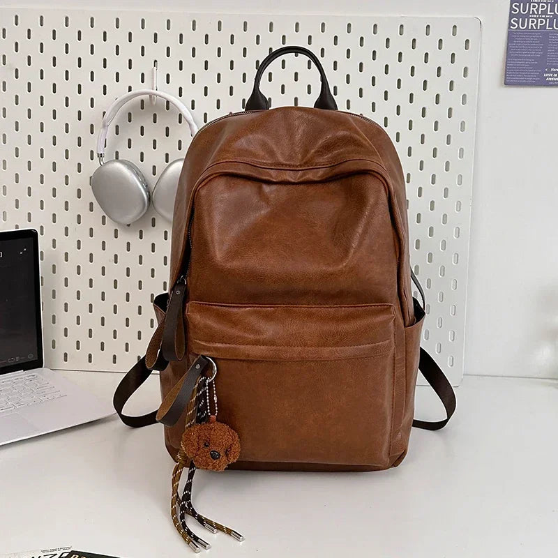 Old Style Laidback Backpack PU Leather Men Bag Laptop Travel Solid Work Bag