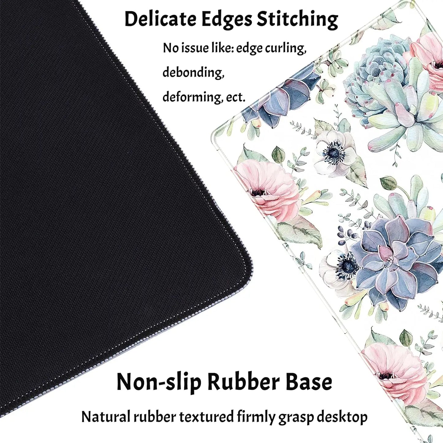 Watercolor Succulents Desk Mat,Gaming Mouse Pad Rubber Base Mousepad with Stitched Edges,Keyboard Mouse Mat for Game/Office/Home