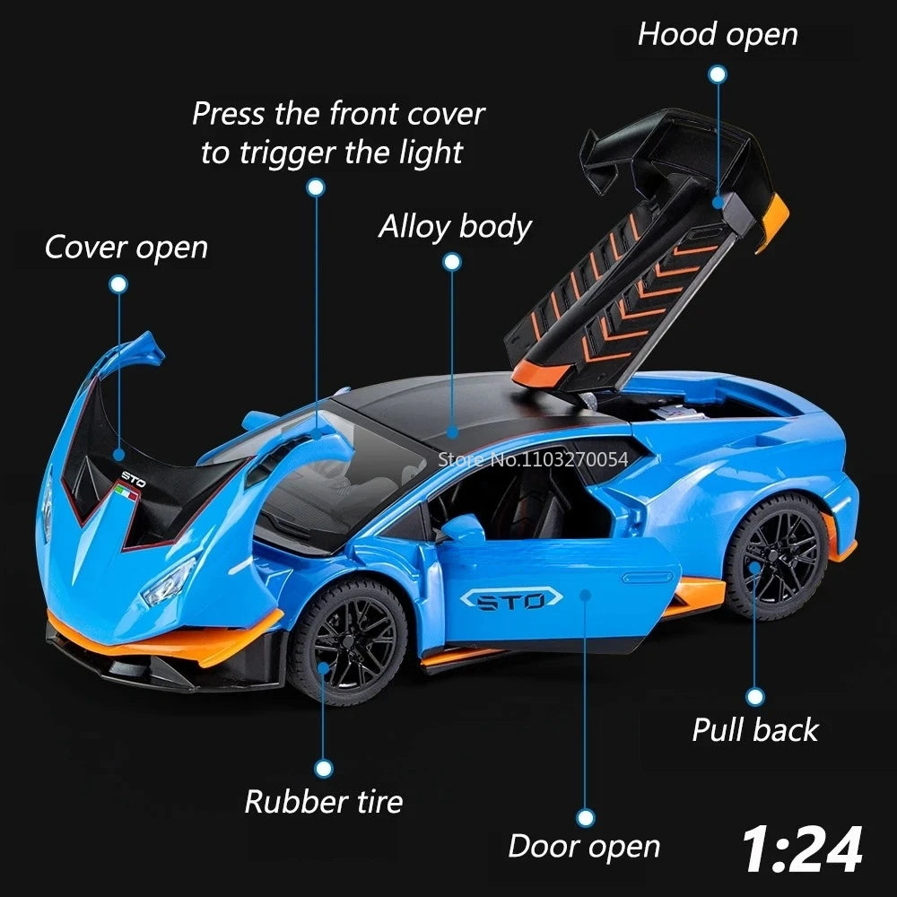 1/24 Scale Huracan STO 2021 Alloy Model Sport Car Toy Diecast Metal With Pull Back Sound light Vehicle for Kids Gifts Collection