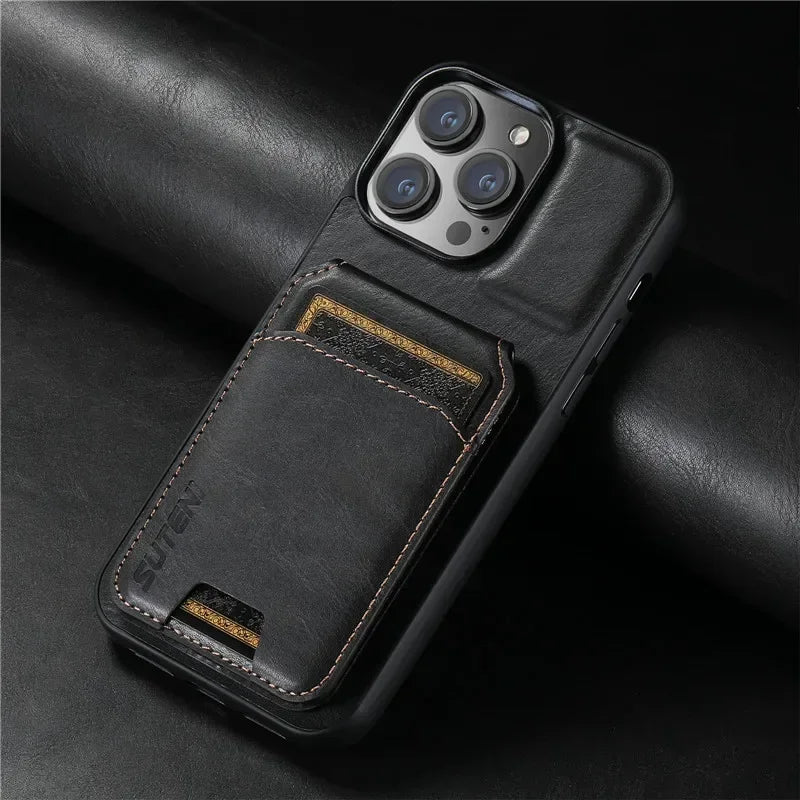Black Leather Wallet Phone Case Card Hold Magnetic Cover iPhone 16-11 Pro Max