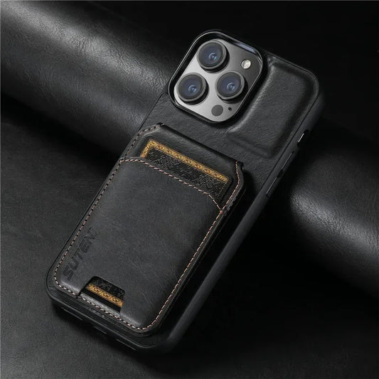 Black Leather Wallet Phone Case Card Hold Magnetic Cover iPhone 16-11 Pro Max