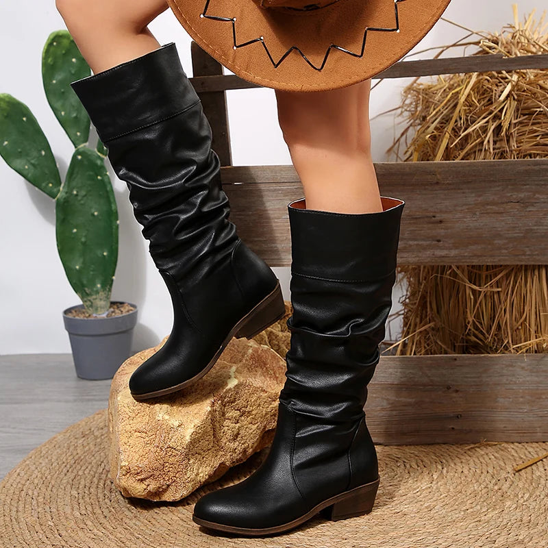 Black Pu Leather Knee-High Boots Women Slip On Med Heel Western Cowboy Boots Woman Autumn Winter Pleated Long Botas Plus Size 43