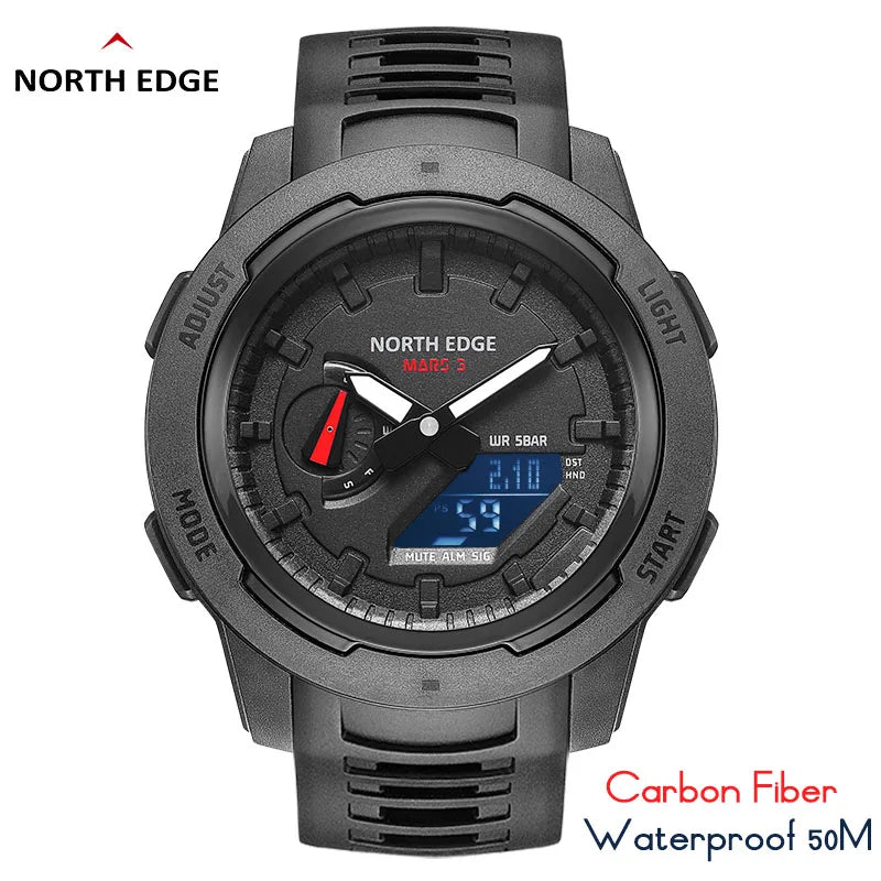 NORTH EDGE Mars 3 Men's Digital Watch Carbon Fiber Case Waterproof 50M Watches