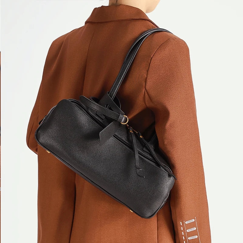 Genuine Leather Tote Bag for Women Large Capacity Cowhide Shoulder Bag Luxury Designer Handbag Female Bowling Underarm Bag