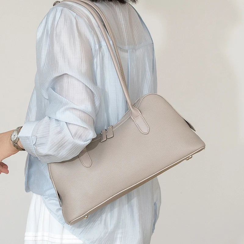 Genuine Cowhide Leather Large Baguette Shoulder Bag for Women Daily Office Pebbled Leather Hobo Tote Bag with Zipper Closure