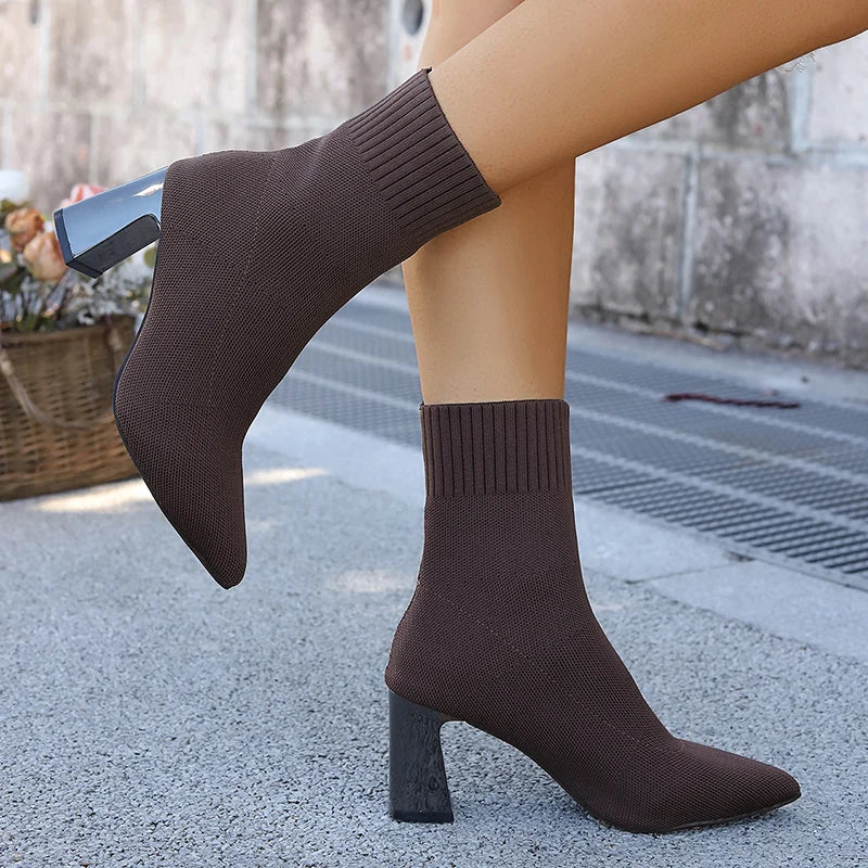 Autumn Winter Knitted High Heel Boots Women 2025 Sexy Pointed Toe Ankle Boots Woman Plus Size 36-43 Thick Heels Booties Mujer