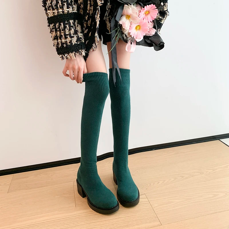 Stretchy Knit Over The Knee Boots Women Plus Size 35-42 Thick Heel Long Boots Woman Comfortable Slip On Slim High Botas Mujer