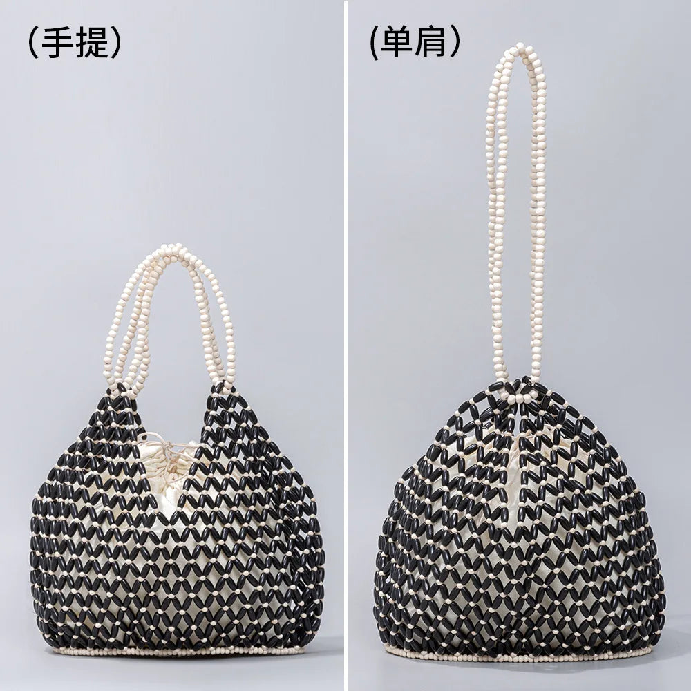 Simple Casual Handwoven Wooden Bead Handheld Women's Shoulder Bags Bucket Bag