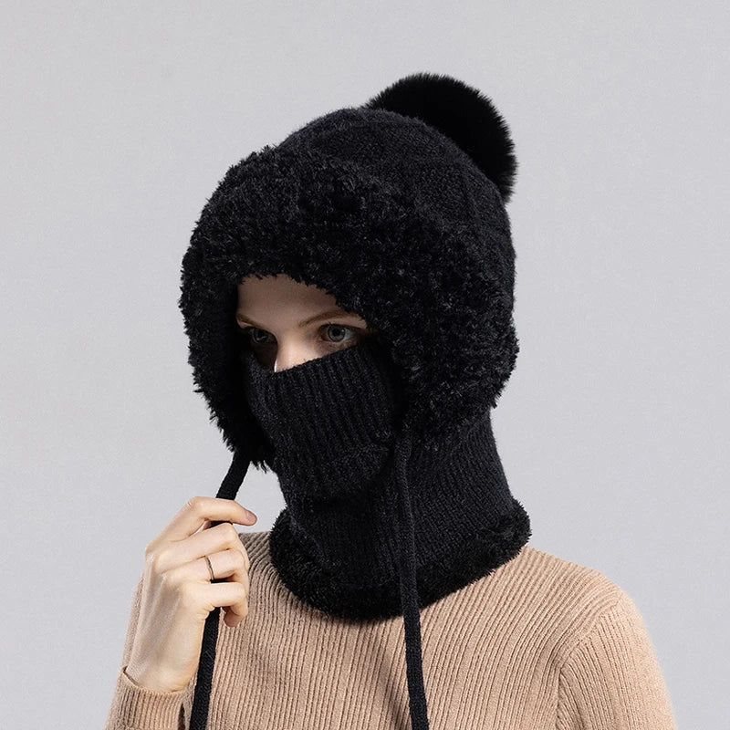 Xinbaoguan 100% Acrylic 8408 cross-border winter velvet knitted yarn hat women's mask scarf integrated warm ear protection hood