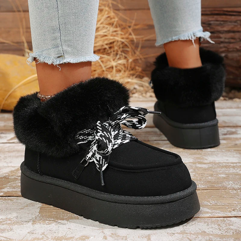 Faux Fur Thick Bottom Snow Boots Women Cross Lace Up Thicken Plush Warm Winter Boots Woman Slip On Platform Ankle Booties Mujer