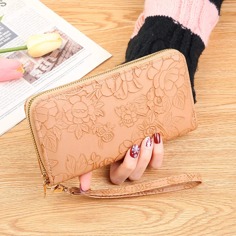 2026 New Floral Embossed Long Wallet PU Leather Credit Card Holder Simple Trendy Phone Bag Coin Purse for Women Hand-held Wallet