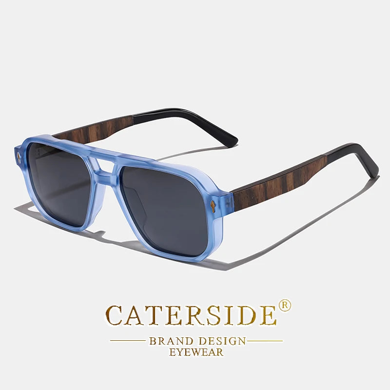 CATERSIDE Men's Polarized Pilot Sunglasses UV400 Premium Tr Frame & Wood Temple Retro Square Sun Glasses for Driving Fishing