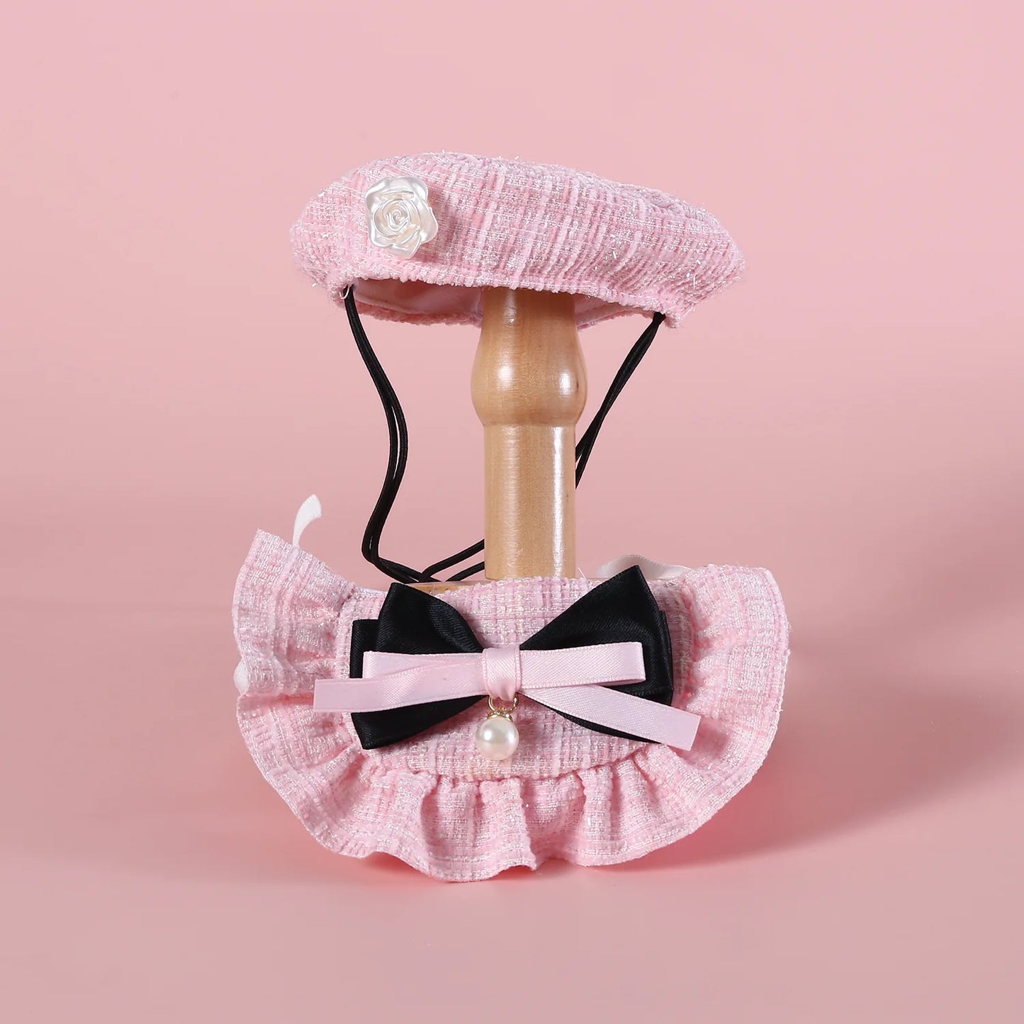 1pc Elegant Pet Princess Outfit Set - Chic Beret, Pearl Bow & Floral Bib for Cats and Small Dogs