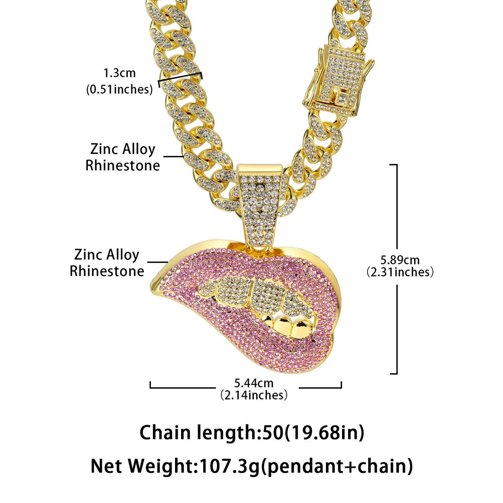 New Men Women Hip Hop Bite Lip Shape Pendant Necklace with 13mm Crystal Cuban Chain Iced Out Bling HipHop Necklace Charm Jewelry