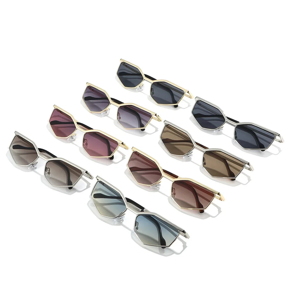JNPCXI New Cat Eye Polygon Metal Sunglasses Women Shades UV400 Fashion Gradient Men Sun Glasses