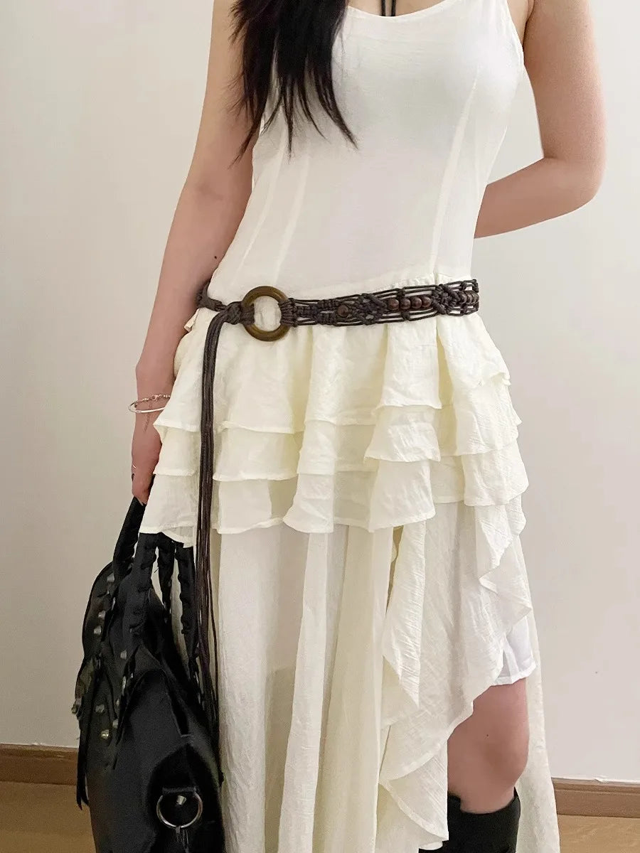 Retro Folk Style Woven Waist Rope Women Wooden Ring Design Feeling Bohemian Skirt Dress Belt Accessories