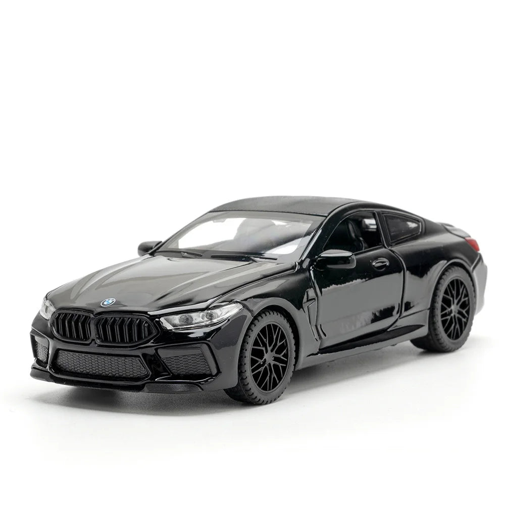 1/32 M8 Miniature Alloy Diecast Toys Car Model Sports Cars 4 Door Can Opened Sound Light Pull Back Vehicle Kids Festival Gift