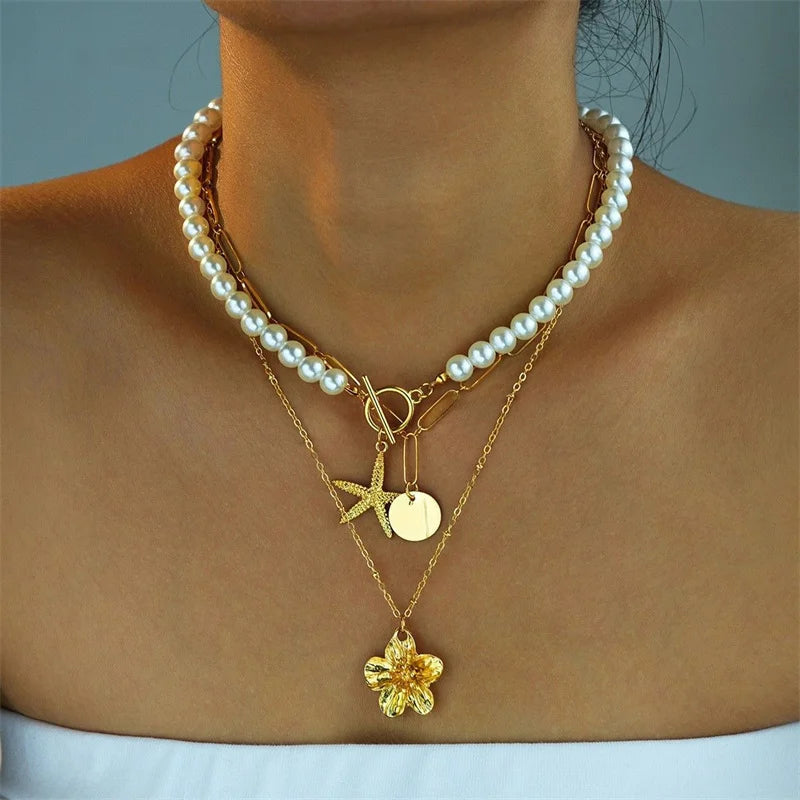 New Elegant Cute Bow Pendant Necklace Set for Women Classic Simple Design Flower Multi-layer Necklaces Daily Party Jewelry Gift