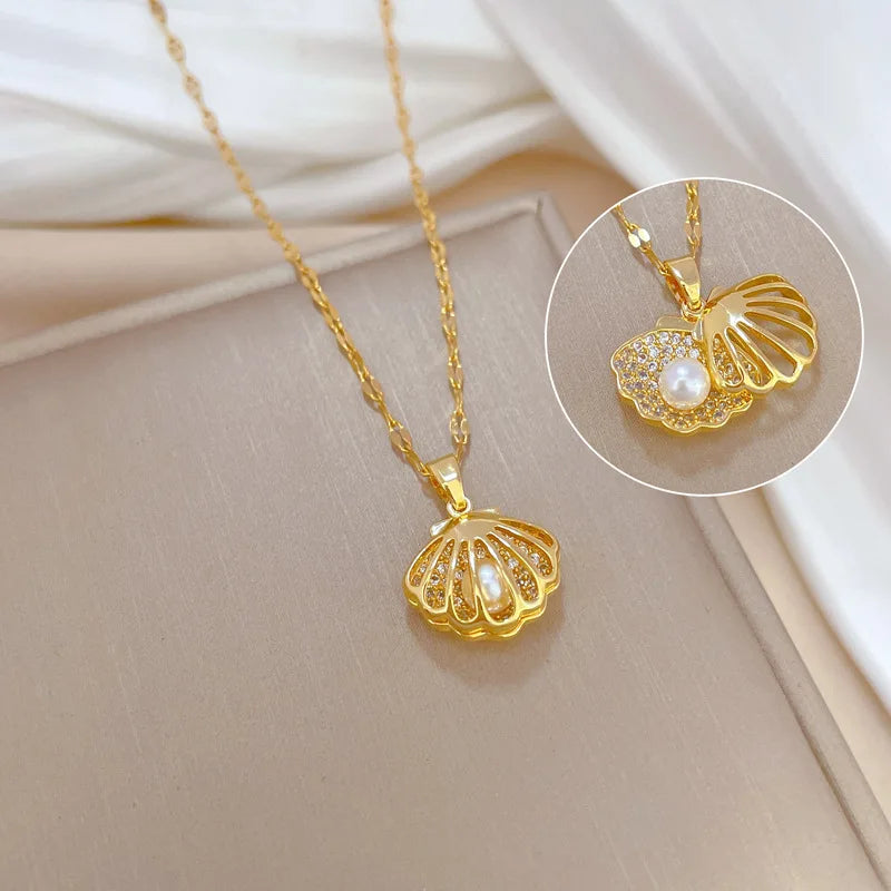 Fashion Shell Starfish Pearl Pendant Necklace for Women Stainless Steel Zircon Heart Clavicle Chain Summer Beach Jewelry Gift