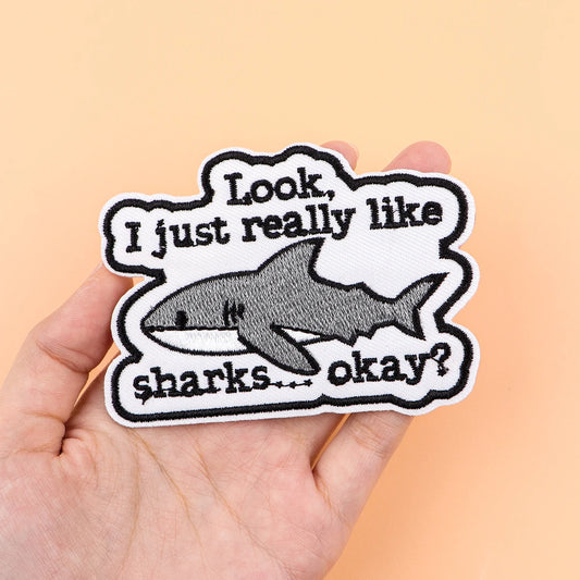 "Look, I Just Really Like Sharks?" Iron On Patch Cute Shark Patch For Clothing Embroidered Patch Garment Apparel Accessories