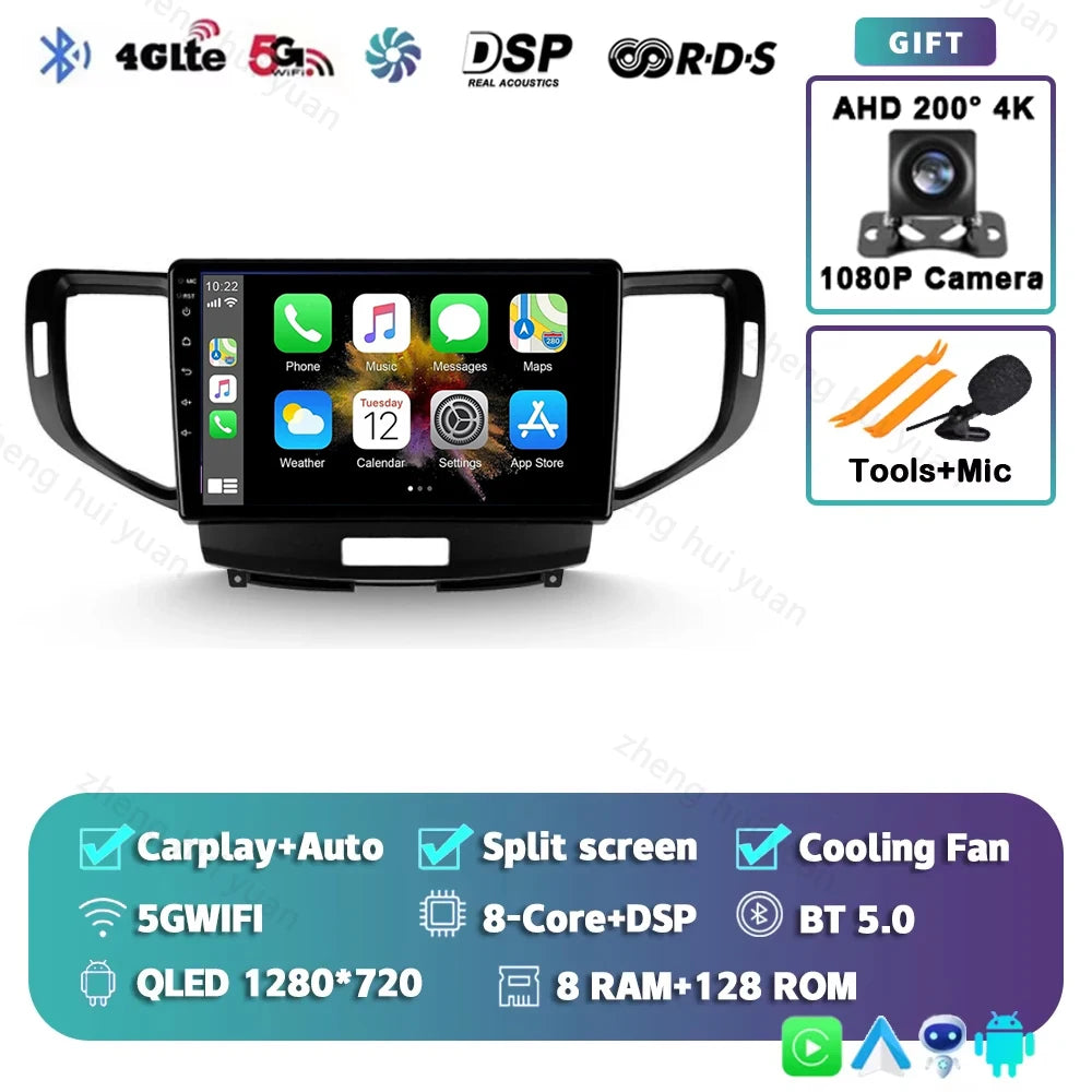Android 14 For Honda Accord 8 2008 - 2012 CarPlay Auto 2K QLED Car Radio Multimedia Video Player GPS stereo Head Unit 4G WIFI