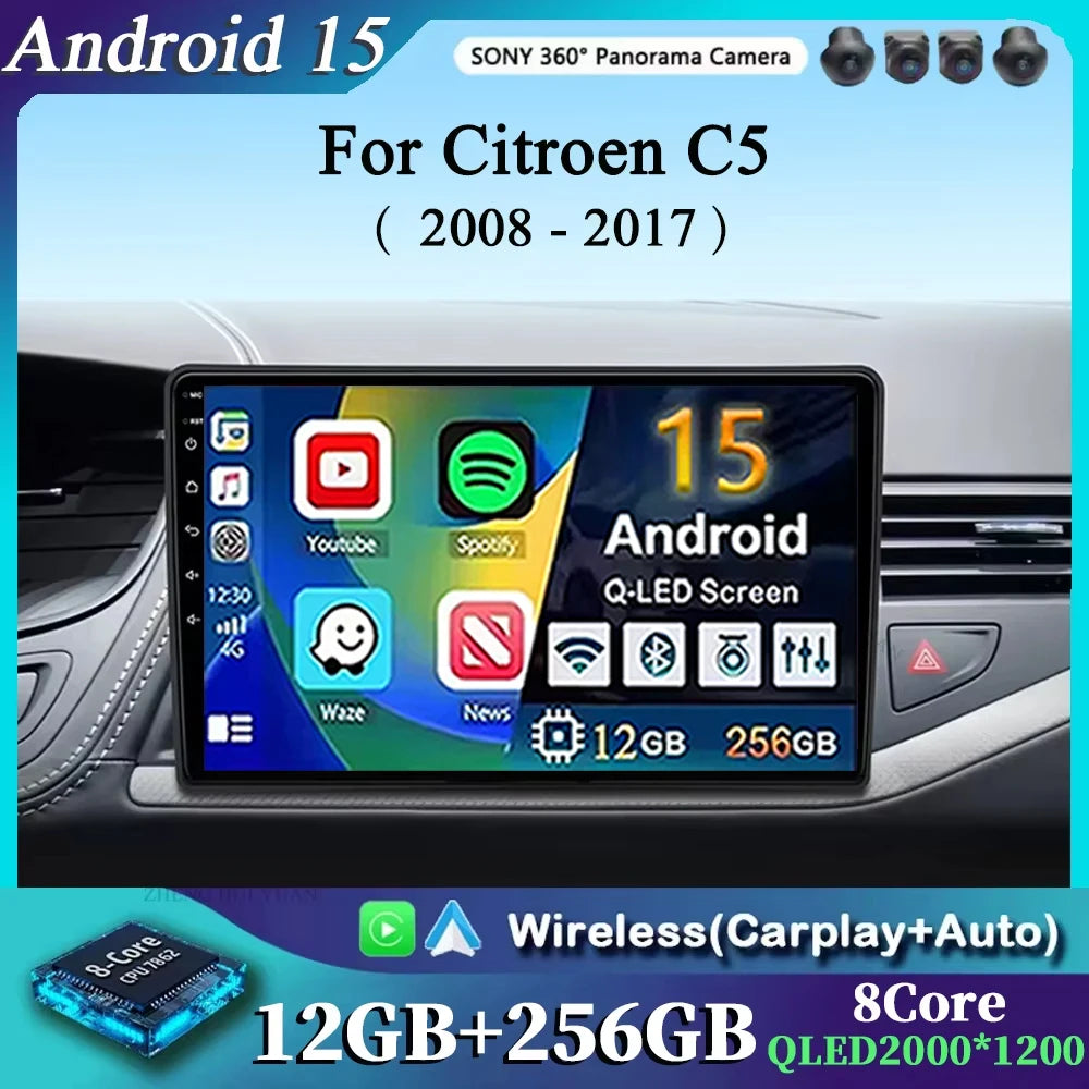 For Citroen C5 2008 2009 2010 2011-2017 Android 15 Carplay Auto Car Radio Multimedia Video Player Navigation GPS No 2Din 2 Din