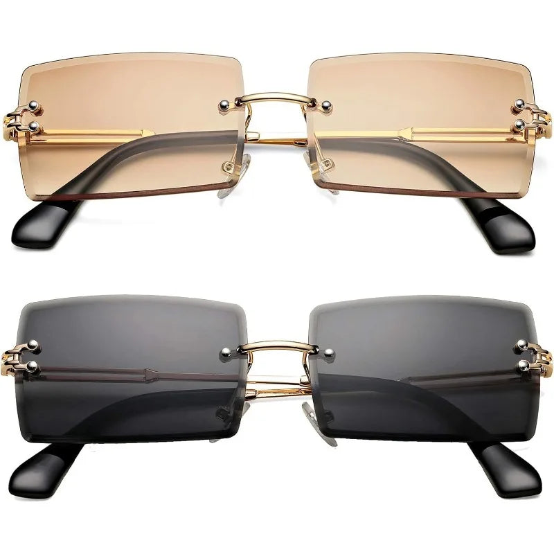2PCS Men's and Women's Universal Anti Glare Frameless Square Fashion Glasses Small Frame Metal Frame Suitable for Driving