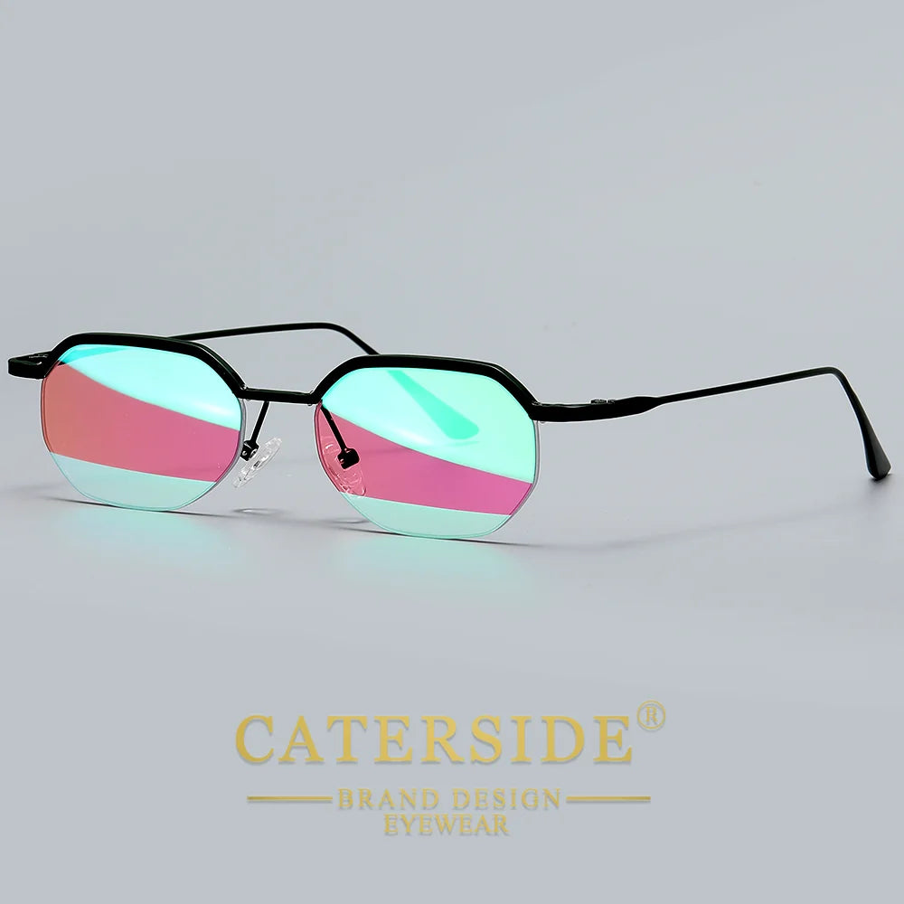 CATERSIDE Retro Polygon Sunglasses Men Metal Semi Rimless Sun Glasses Uv400 Women Outdoor Protection Driving Decorative Eyewear