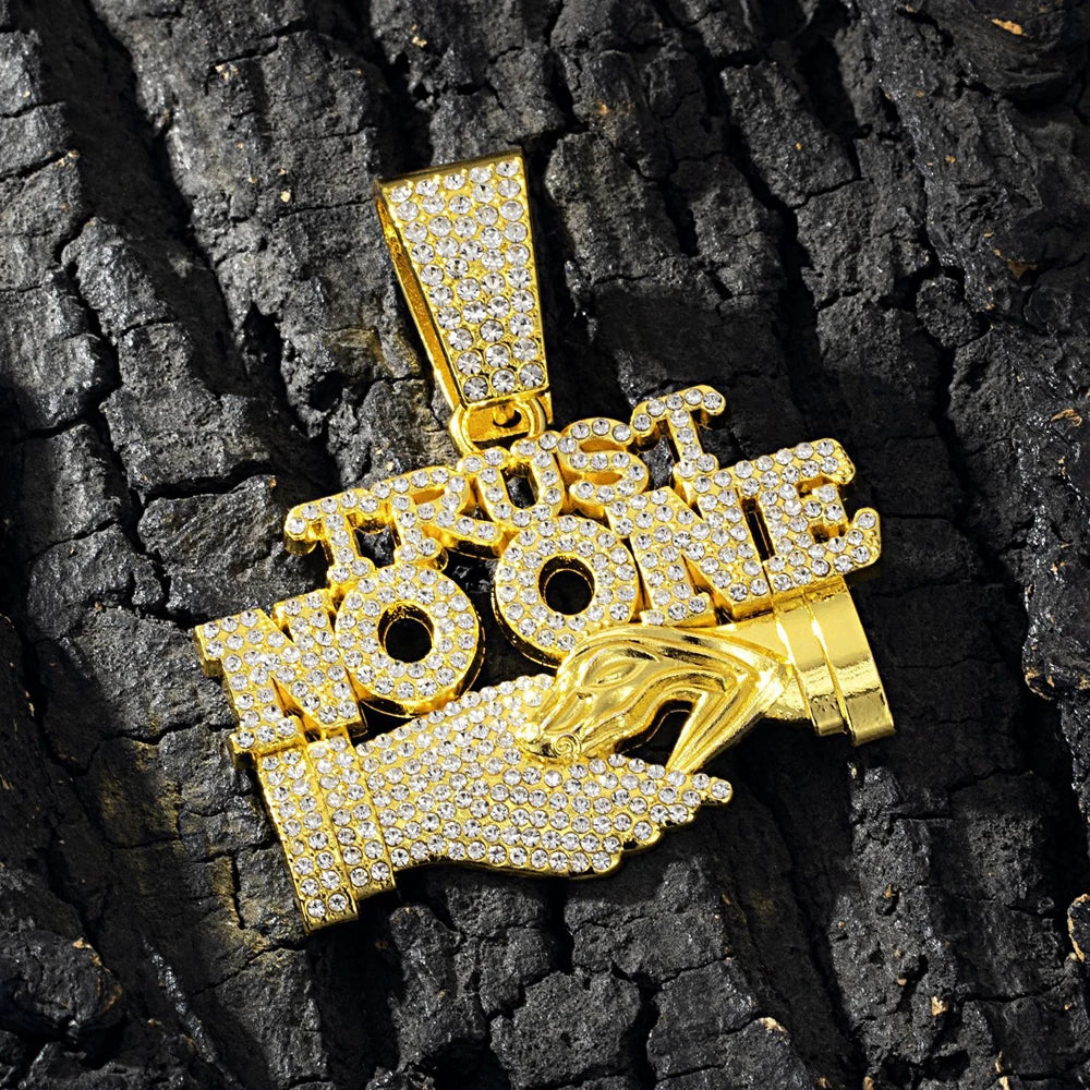 Men's Hip Hop Trust NO One Letters Pendant Necklace with 13mm Cuban Chain Ice Crystal Sparkling Handshake Necklace Jewelry Gifts