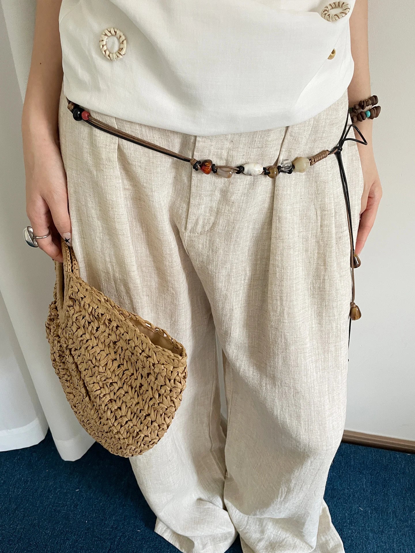 Wooden Bead Artisanal Hand-Woven Belt Versatile For Dresses Jeans And Women's Slenderizing Waist Rope