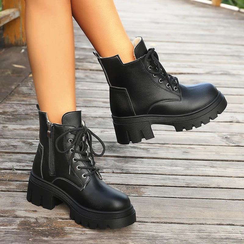 Classic Chunky Platform Ankle Boots Women Lace Up Warm Thicken Plush Winter Boots Woman Thick Sole Pu Leather Motorcycle Botas