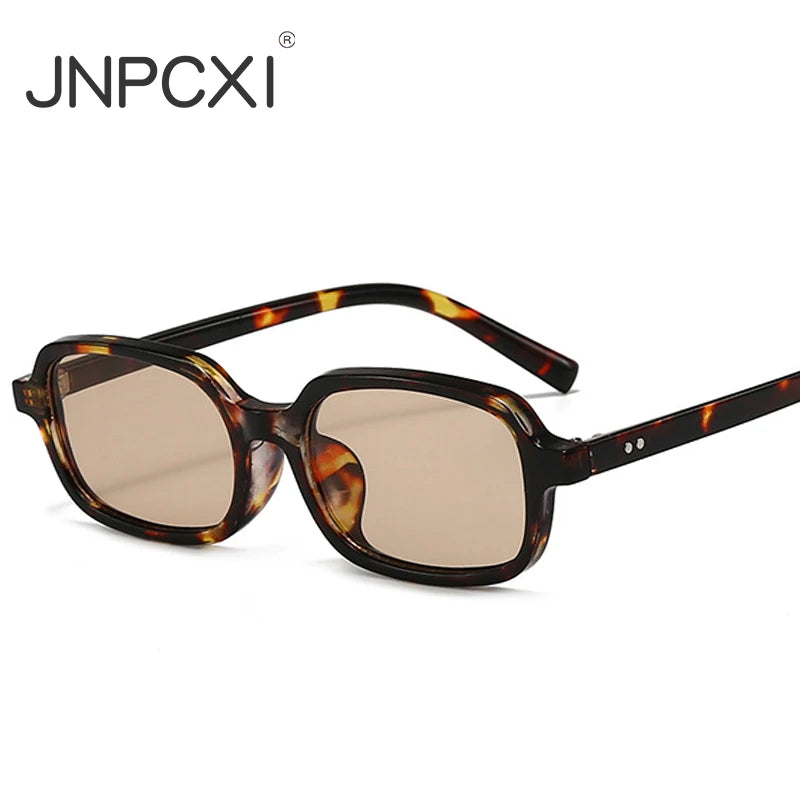 JNPCXI New Small Rectangle Sunglasses Women Fashion Leopard Champagne Color Shades UV400 Retro Men Trending Rivets Sun Glasses