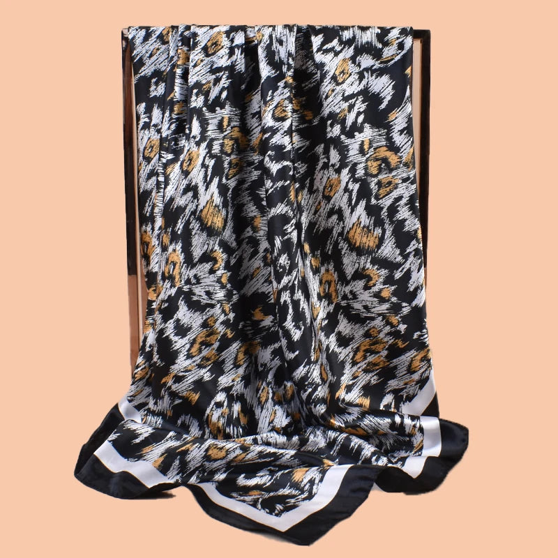 1 pc Women's Large Square Scarf with Leopard Print, Fashionable Silk Scarf, Versatile and Casual
