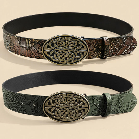Celtic Knot Buckle Belt Two-Tone Embossed Unisex Vintage Waistband Retro Distressed Decorative Accessory