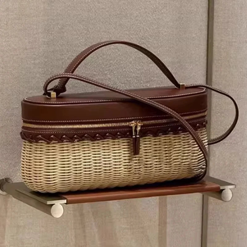 New Casual Straw Box Bag Large Capacity PU Leather Trendy Crossbody Bag Versatile Handbag Travel Bag