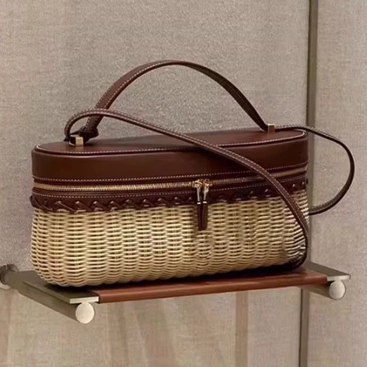 New Casual Straw Box Bag Large Capacity PU Leather Trendy Crossbody Bag Versatile Handbag Travel Bag