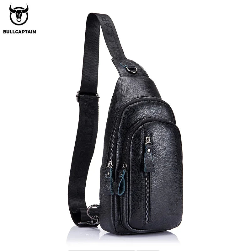 BULLCAPTAIN Men's Genuine Leather Casual Crossbody Bags Leather Chest Bag For Men Fashion Excursion Bag's Can Hold 7.9 Inch IPai