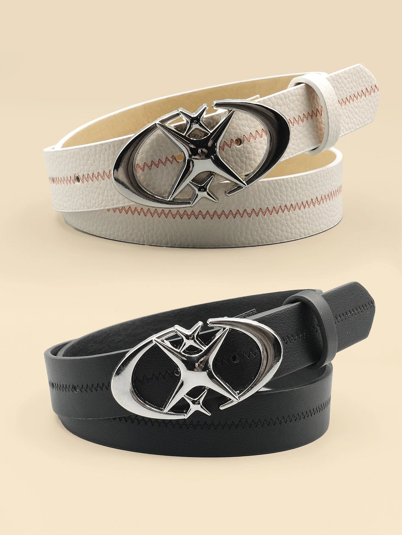Black and White Striped Women's Belt with Star Creative Design Y2K Style Buckle for Daily Commuting, Dating, Leisure Decoration
