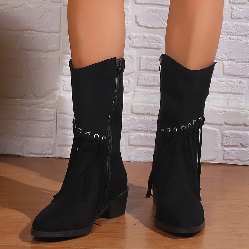 Vintage Tassels Thick Heels Mid Calf Boots Women Autumn Winter Pointed Toe Western Boots Woman Plus Size 43 Zipper Cowboy Botas